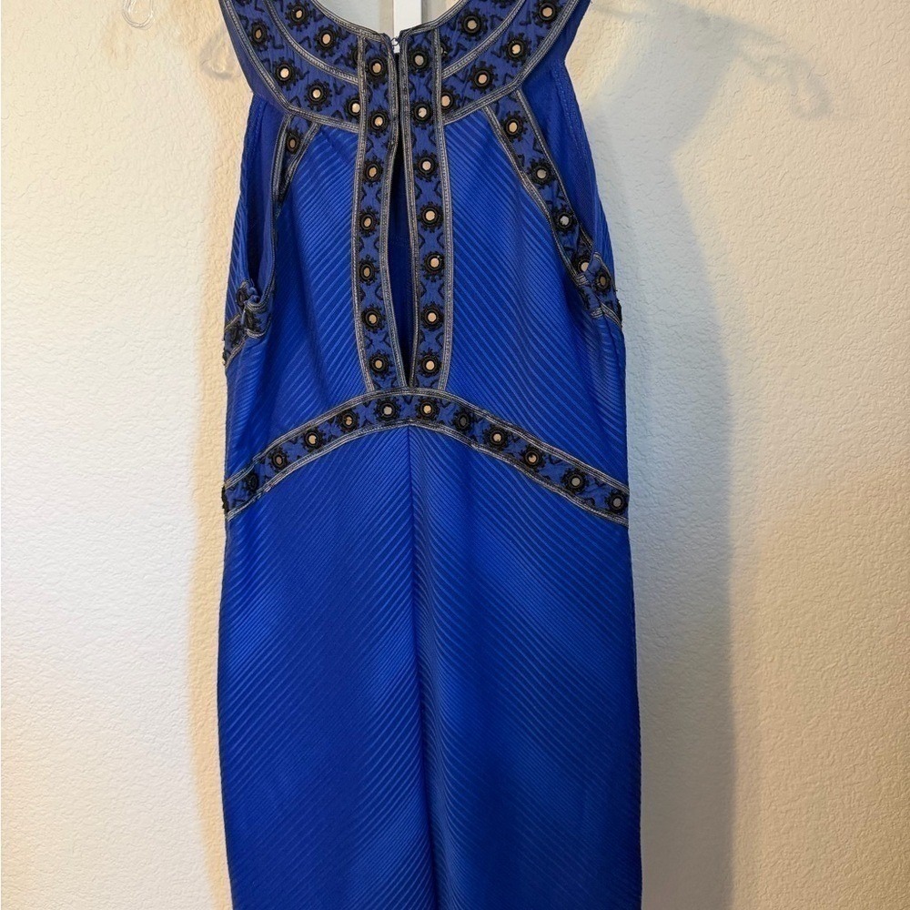 Free People Royal Blue Embroidered Bib Chevron Textured Mini Dress Size Small - Picture 6 of 6